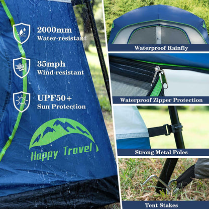 Happy Travel Tent 6 Person Tents for Camping, Waterproof Easy Setup Camping Tent with Rainfly, Portable Large Family Cabin Tent with 5 Large Mesh Windows and Carry Bag for Outdoor Camping & Hiking