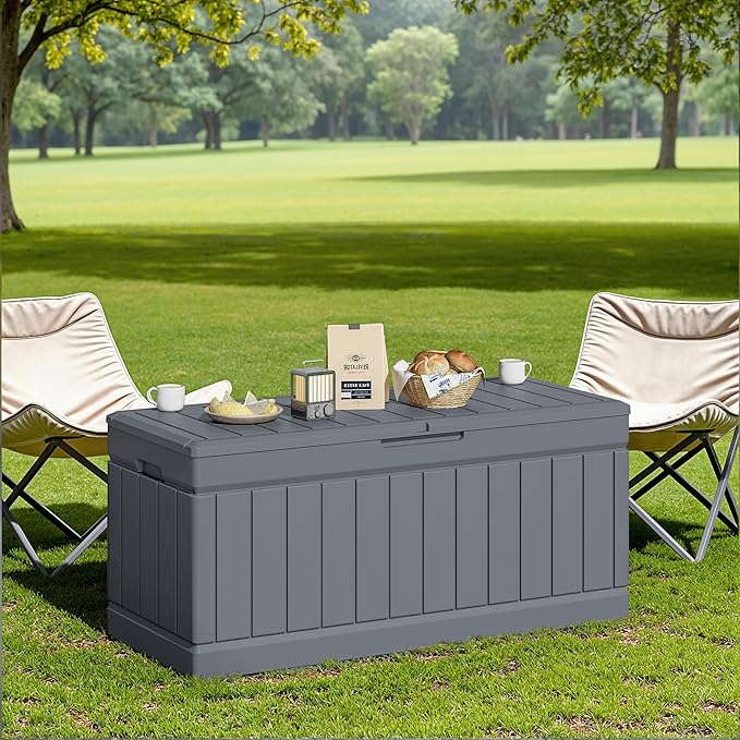 JUMMICO 78 Gallon Outdoor Deck Box Large Resin Storage Box for Patio Furniture Cushions, and Garden Tools (Gray)