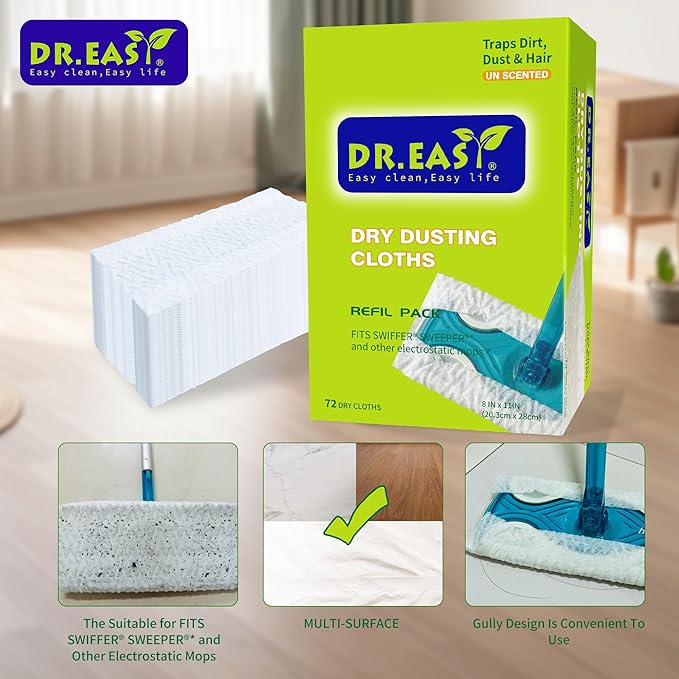 Dr.Easy Dry Sweeping Cloths, 72ct Disposable Mopping Pads Refil Pack, fits