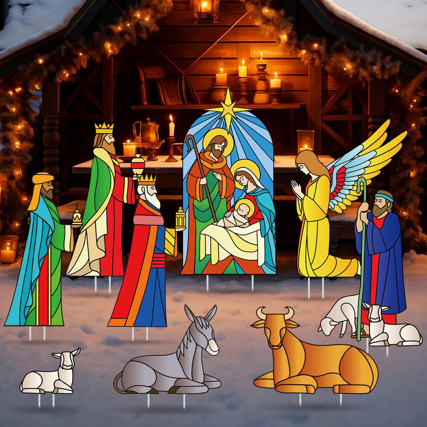 Kathfly 9 Pcs Outdoor Nativity Scene Yard Sign with Stakes Holy Christmas Nativity Yard Stakes Lawn Sign Religious Three Kings Gifts Christmas Decorations for Xmas Party Outdoor Garden Lawn Decoration