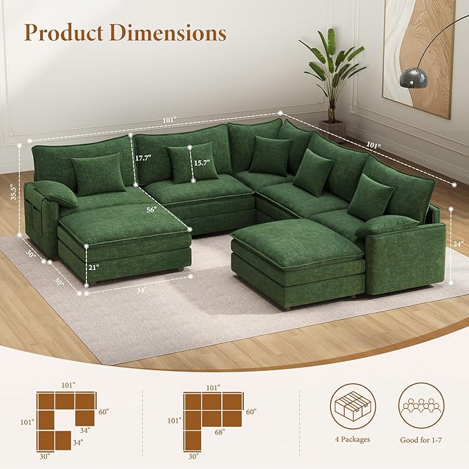 Vesgantti 101" V-Shaped Corner Couch Sectional, 7 Seat Customizable Modular