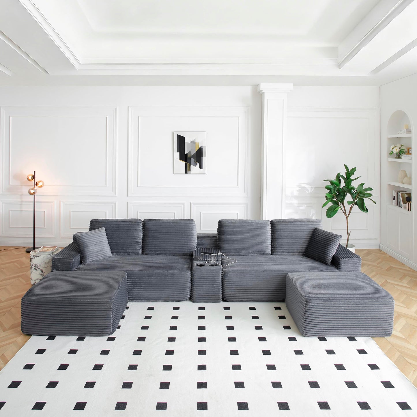 KEIKI 125" Corduroy Sectional Sofa with Two Ottomans, Upholstered Boneless Couch with Cupholders, USB Ports, Cloud Couch for Living Room, Bedroom, Office, Apartment, Gray