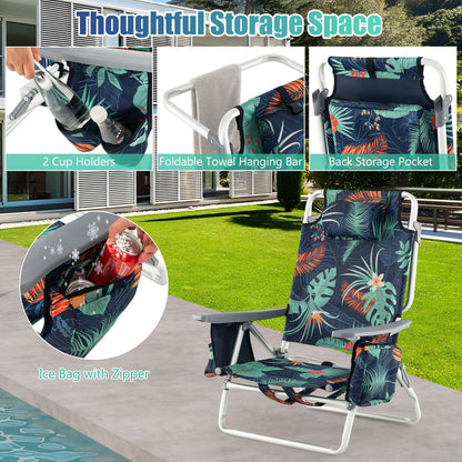 GYMAX Beach Chairs, Backpack Camping Chair with Armrest, Cooler Bag, Cup Holder, Towel Bar & Side Pockets, Sunbath Sling Tanning Lounge, Folding Layout Chair (Without Table, Flower)