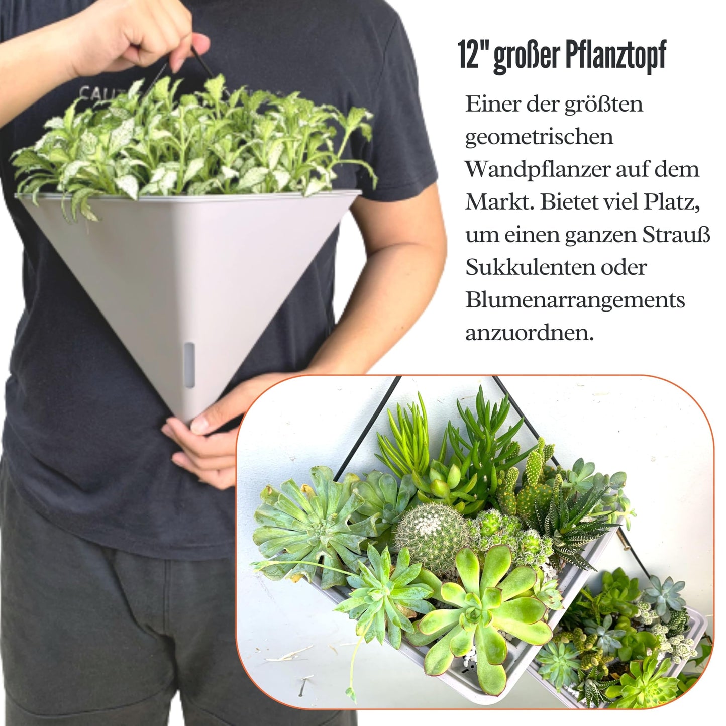 LaLaGreen Wall Planters for Indoor Plants - 2 Pack, 12 Inch Large Self Watering White Geometric Hanging Flower Vase Vessel with Metal Hanger, Modern Stylish Wall Mounted Succulent Pot Holder Decor