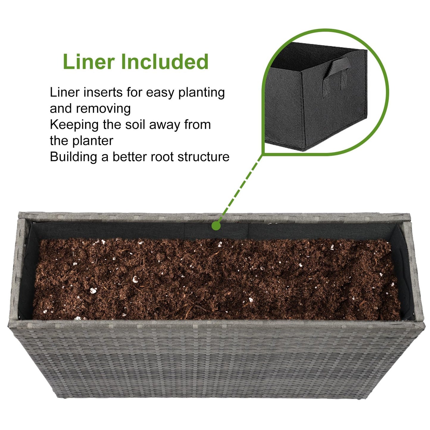 LEWIS&WAYNE Large Rectangular Block Planter Box Handmade Wicker Tall Planters for Outdoor Plants with Removable Liners Modern Planter for Indoor Outdoor Patio Deck - Gray, 38''x11''x30''