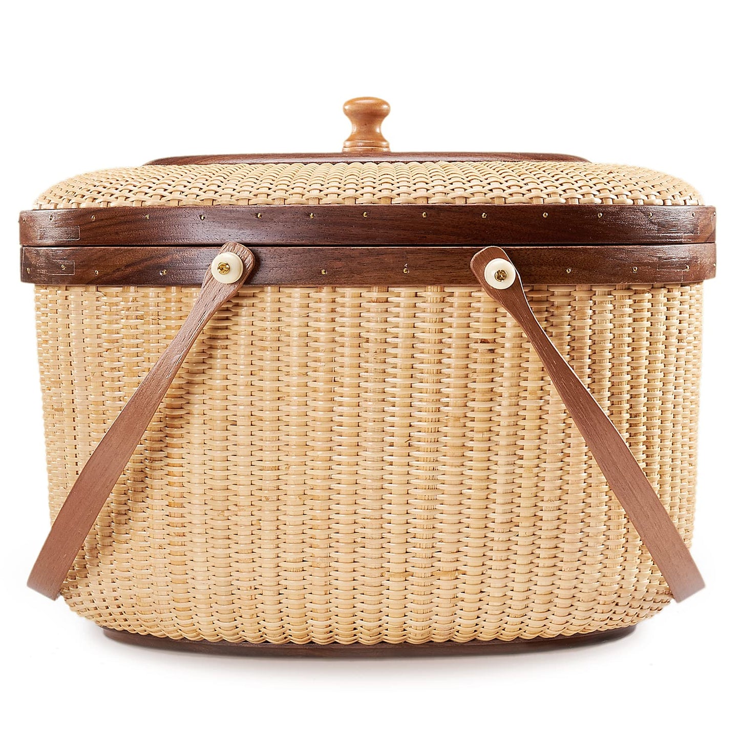 Teng Jin Nantucket Sewing Basket Purse, Containers with Dual Wood Handles .Cane-on-cane weave basket craft basket, with lid with handle