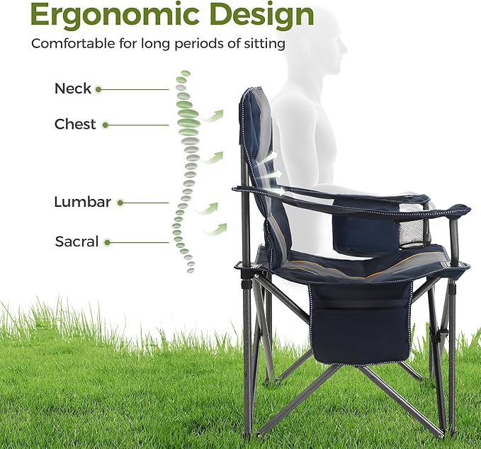 ALPHA CAMP Heavy Duty Camping Chair 500LBS Capacity, Oversized Folding Chair for Heavy People, Padded Portable Outdoor Chair with Cooler Bag & Cup Holder for Camping, Fishing, Beach