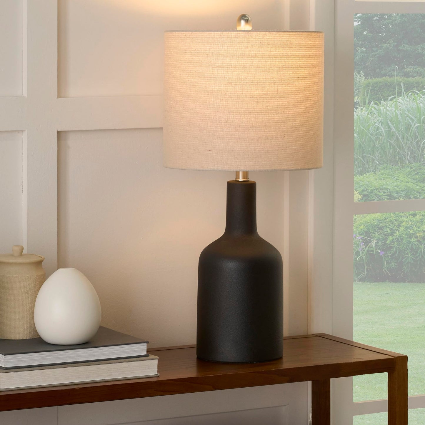 Nourison Home 22" Black Ceramic Table Lamp with Oatmeal Linen Shade for Modern Farmhouse, Bedside Lamp, Living Room Lamp, Small Accent Lamp for Dining Room