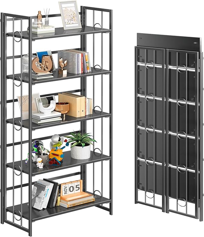 4NM No Assembly 5 Tiers Folding Bookshelf, 59.4" H Foldable Storage Shelves