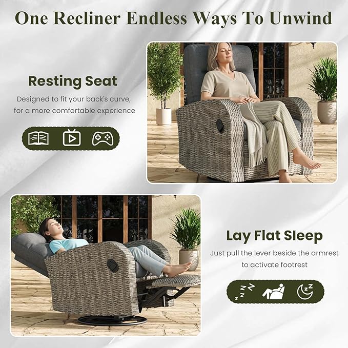 LayinSun Oversized Wicker Outdoor Swivel Glider Recliner with Adjustable Backrest & Footrest, Patio Reclining Lounge Chair - Set of 2