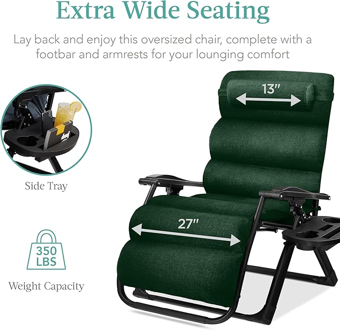 Best Choice Products Oversized Zero Gravity Chair, Folding Outdoor Patio Recliner, XL Anti Gravity Lounger w/Removable Cushion, Cup Holder, Side Tray, 350lb Capacity - Forest Green