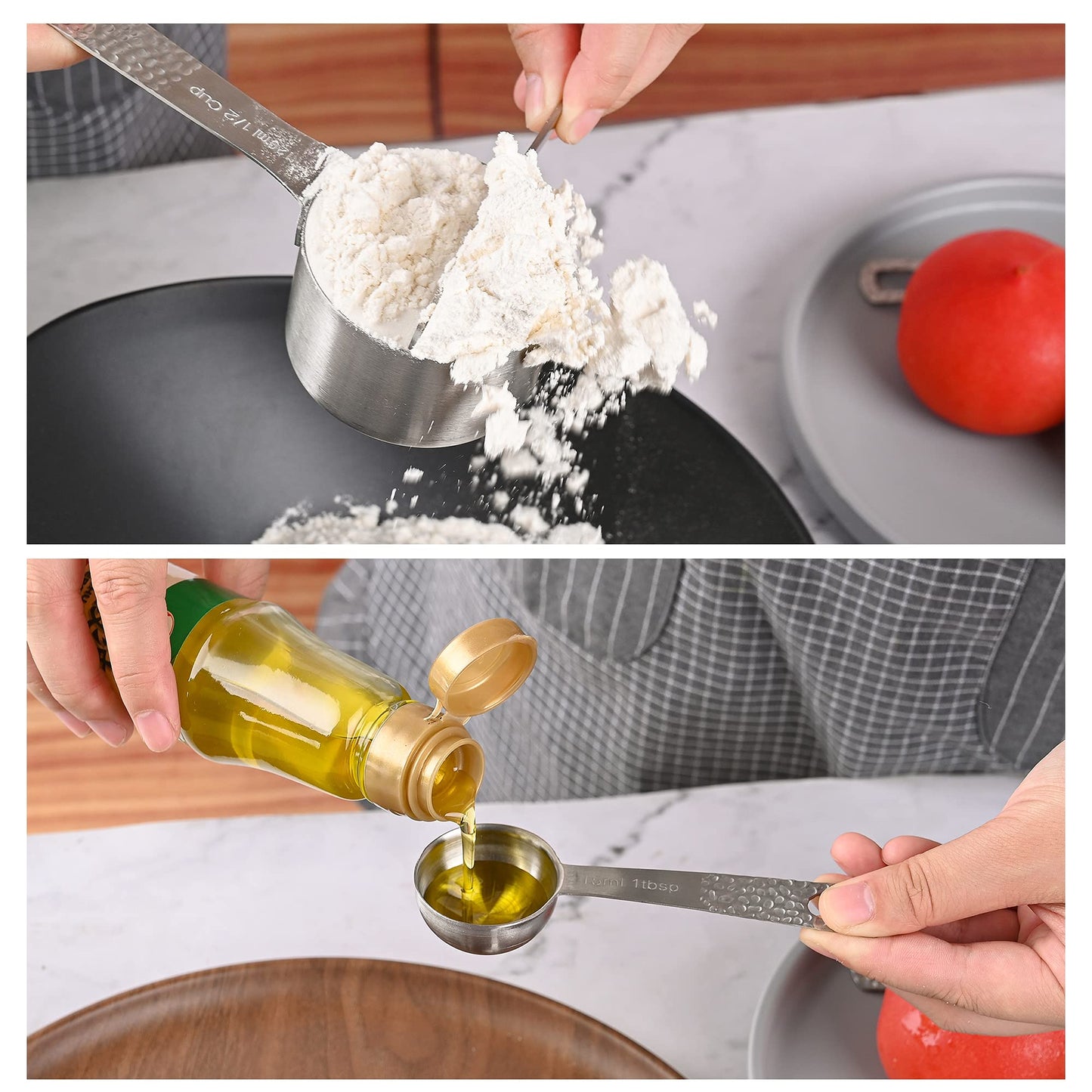 Hotsyang Measuring Spoons Set, 18/8 Stainless Steel Measuring Spoons Set for Dry&Liquid, Metal Metric & US Measuring Spoon with 1 Leveler and Locking Ring for Kitchen & Baking
