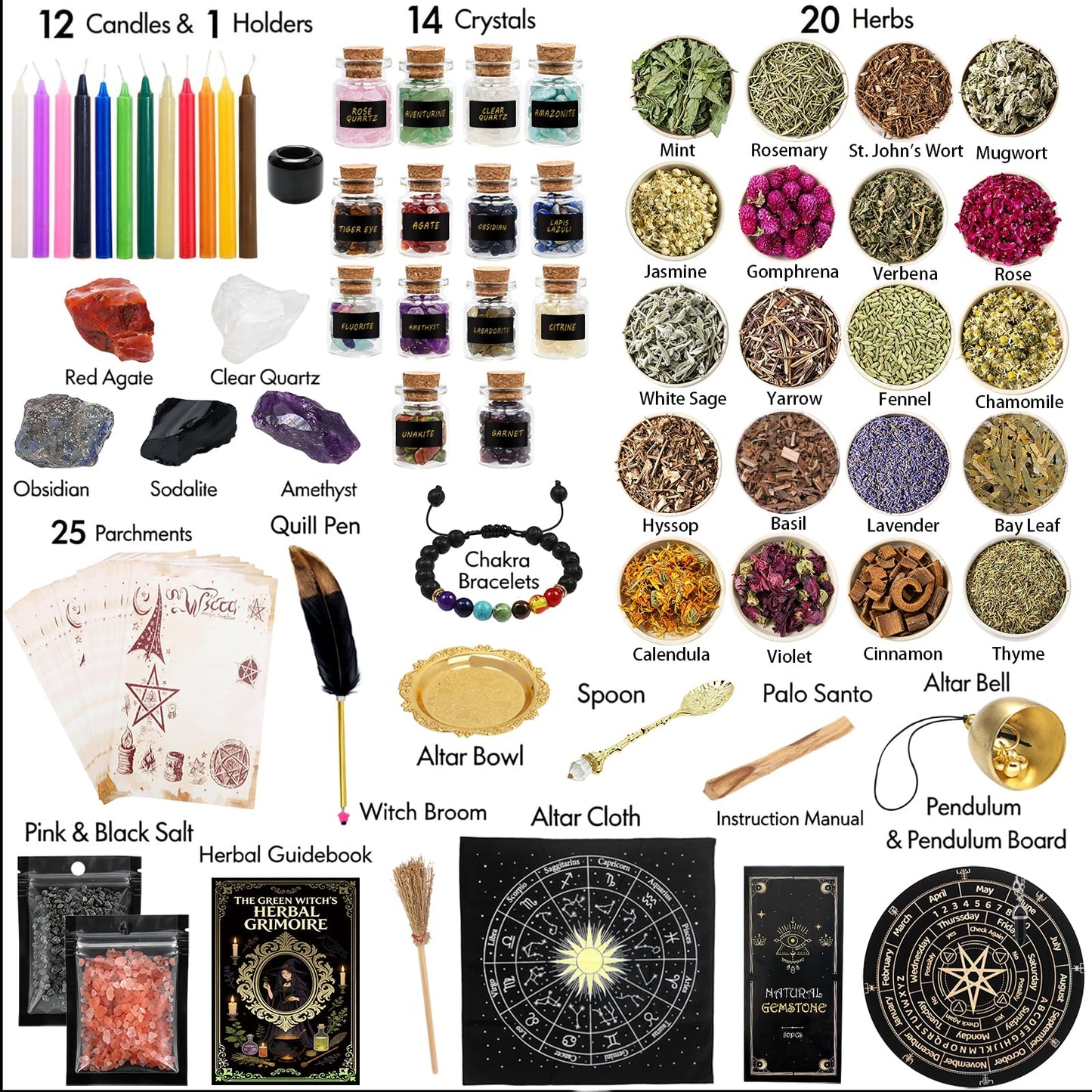 FLgengmh 90 PACK Witchcraft Kit for Beginners, Wiccan Supplies and Tools with Crystals Candles, Witch Altar Spell Set for Rituals,Energy Cleansing, Dried Flowers for Crafts, Witchy Gifts Box for Women