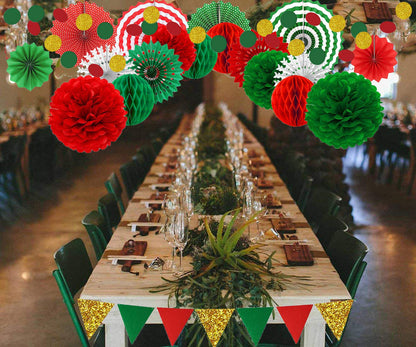 Christmas Party Decorations Paper Fans,Garlands String Circle Dot,Triangle Bunting Flags, Honeycomb Ball,Paper Tissue Pom Poms,Party Supplies for Christmas Birthday Wedding Baby Shower
