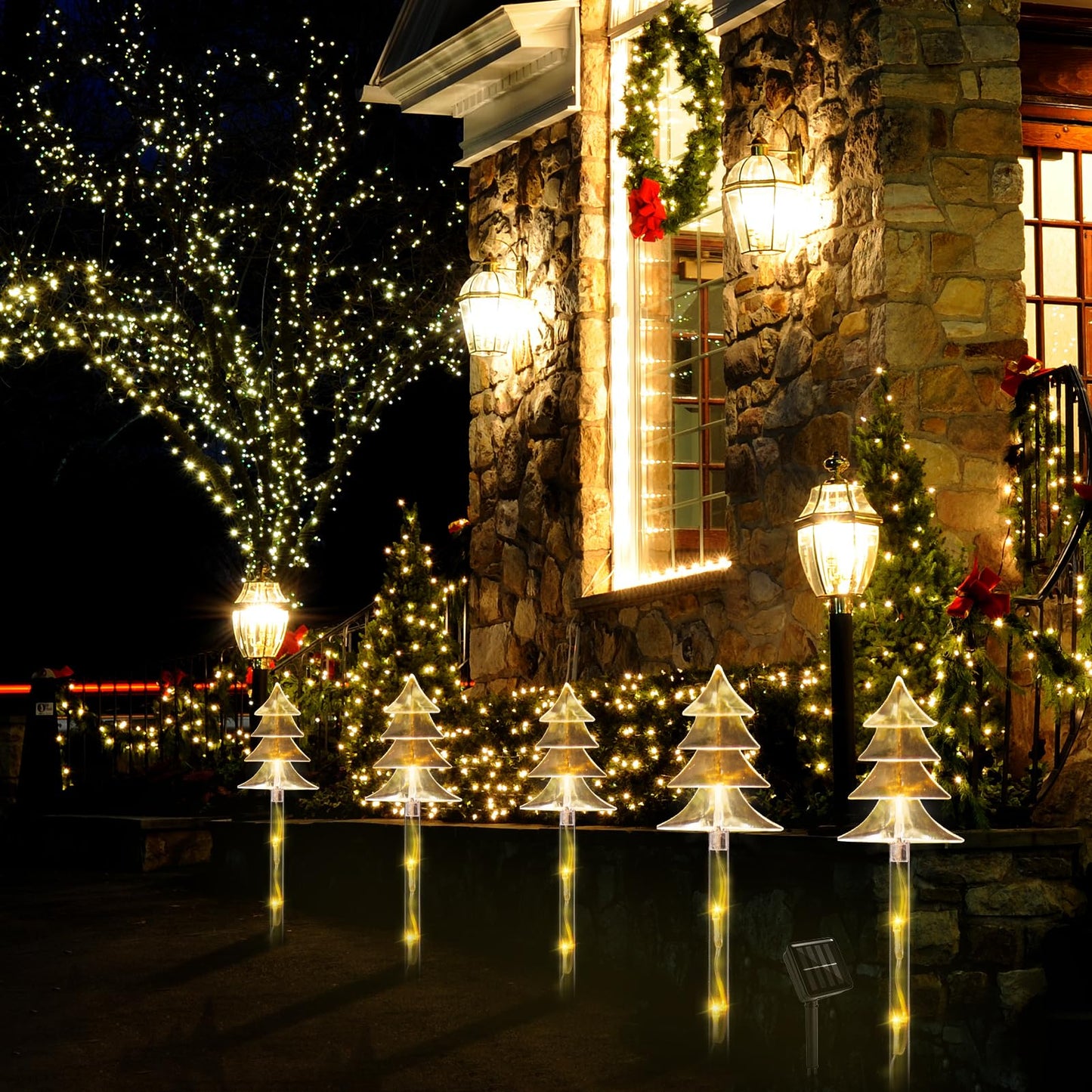 ILLUMINEW Christmas Solar Stake Lights, 5 Pack Waterproof Landscape Christmas Lights, Pathway Christmas Decorations, LED Lights for Yard Lawn Patio Walkway Decor (5PCS Tree-Warm White)