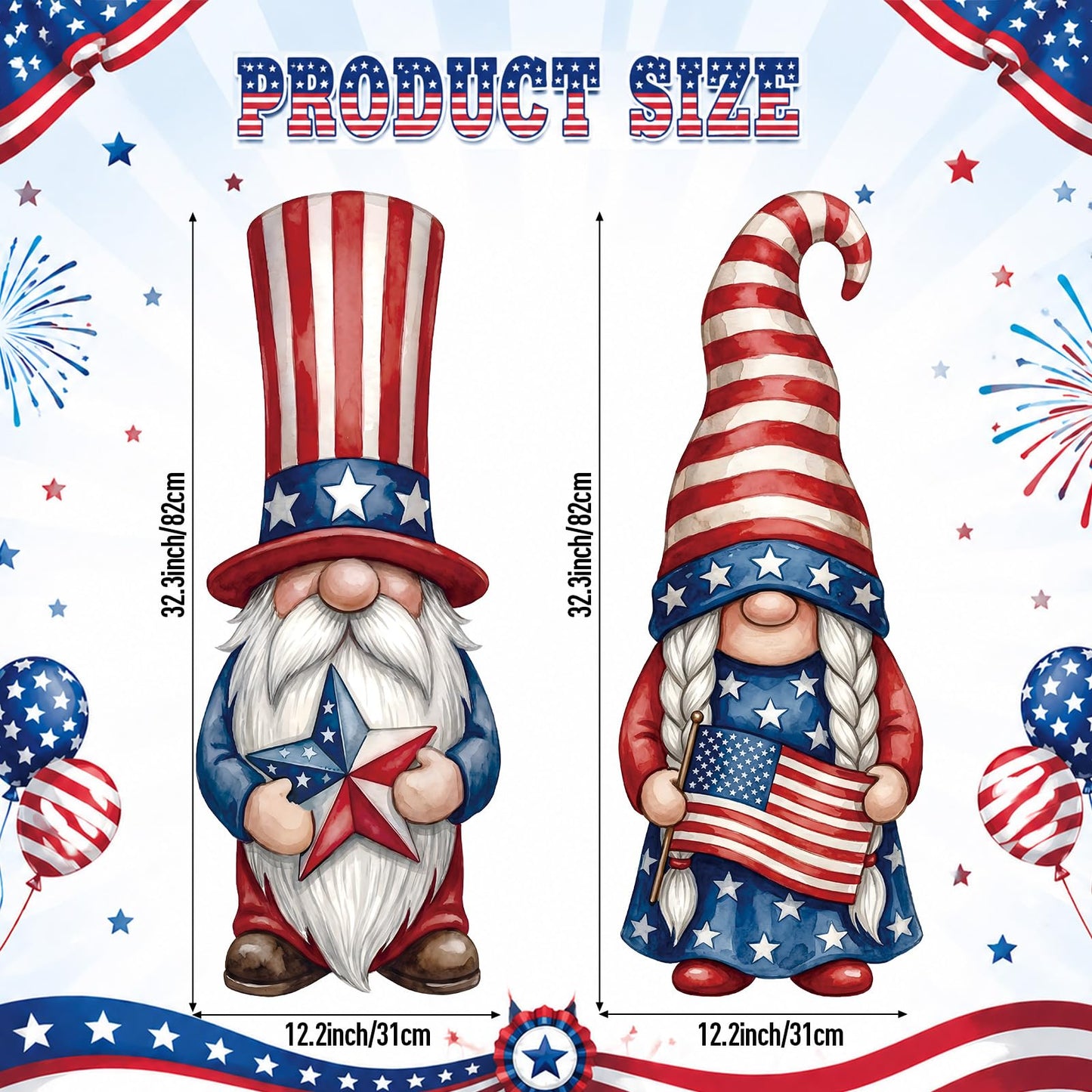 Thyle 2 Pcs Large Patriotic Gnomes Hanging Sign 32.3 x 12.2 Inch 4th of July Wooden Front Door Decorations Gnomes Wood Porch Sign for Independence Day 250th Anniversary Door Hanger