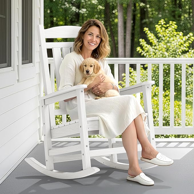 SERWALL Oversized Outdoor Rocking Chair, All-Weather Patio Rocking Chair, HDPE Porch Rocker for Adults, White