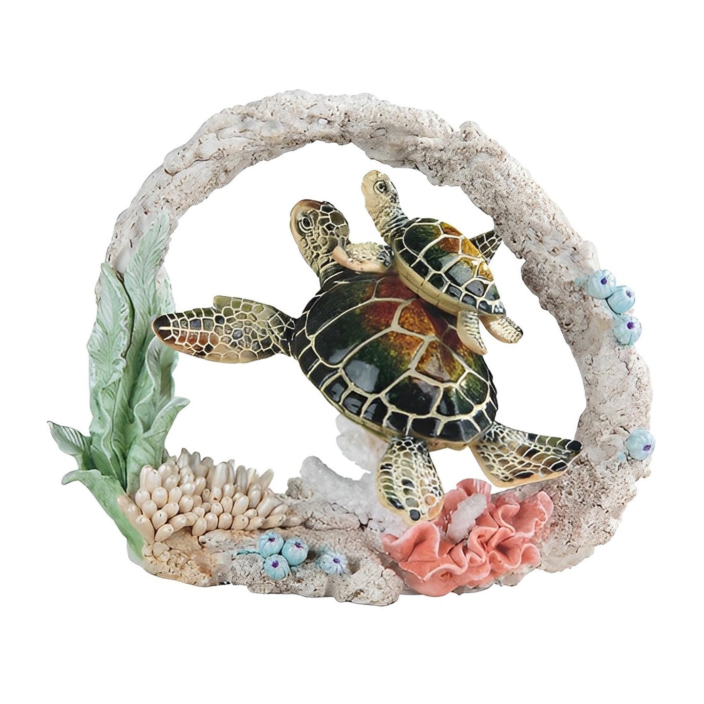 ICE ARMOR 9.5" W Green Sea Turtle with Baby Swimming Around Coral Statue Marine Life Decoration Figurine Office Desk/Home/Living Room/Table Decor, Perfect House Warming Gifts for New Home