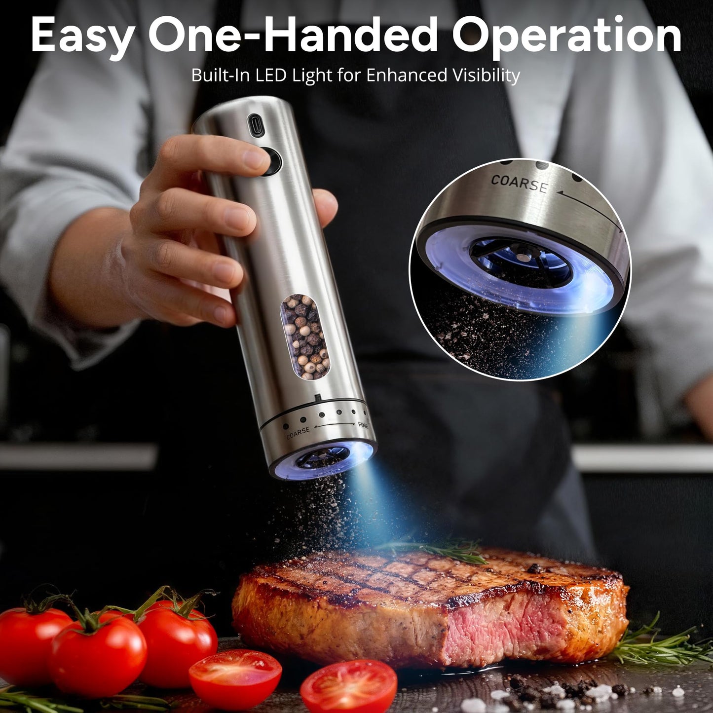 Rechargeable Electric Salt and Pepper Grinder Set with 6 Adjustable Coarseness, Large Capacity, LED Light, Stainless Steel Automatic Pepper Mill - BBQ Accessories, Cooking Gift for Dad, Men Women