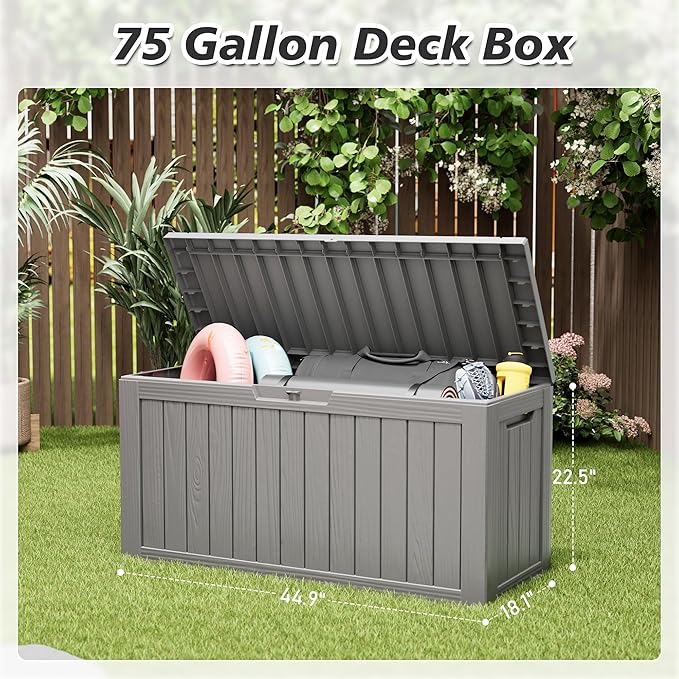 Outdoor Storage Box, Resin Deck Boxes Indoor and outdoor, Waterproof Storage Box Lockable Lid (Grey, 75 Gallon)