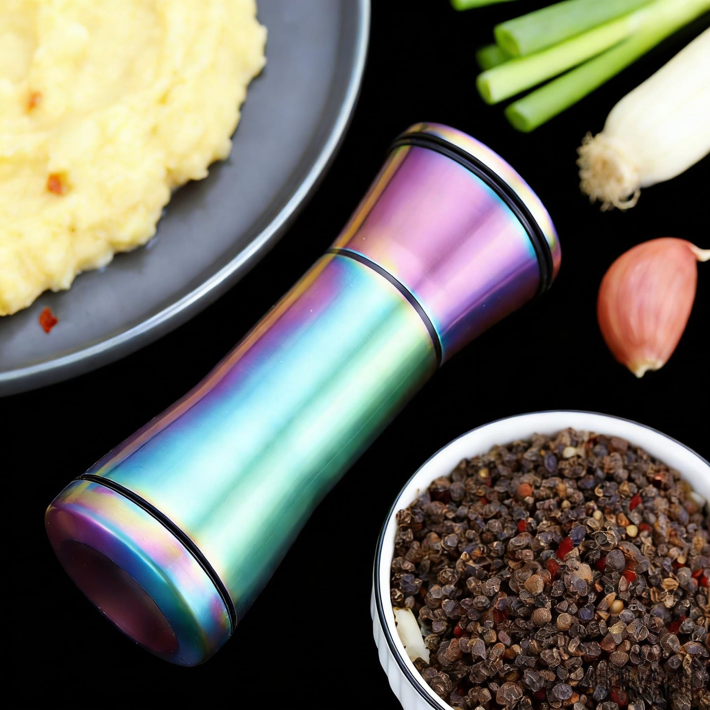 Rainbow Titanium Plated Salt & Pepper Grinder Set of 2 - Refillable Stainless Steel Mills with Adjustable Coarseness