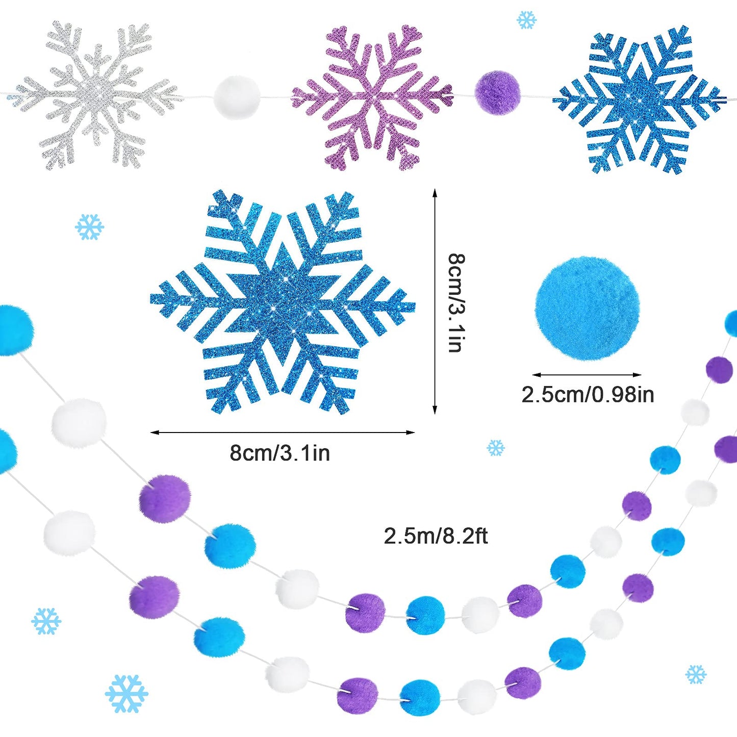 Tatuo 3 Pieces Winter Felt Ball Banner Snowflake Garland Glittery Banner Wonderland Theme Pom Pom Decor Holiday Hanging Decor for Birthday Baby Shower Wedding Party