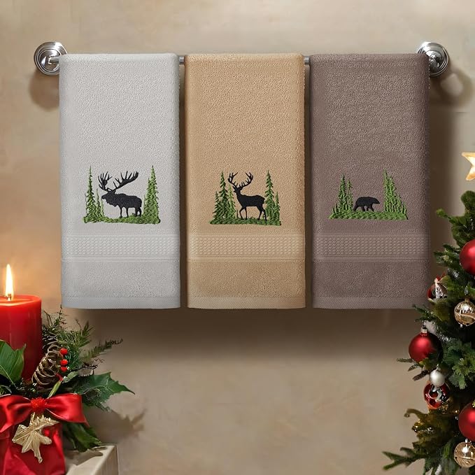 3 Pcs Farmhouse Cabin Bear Hand Towels Forest Moose Deer Embroidered Rustic