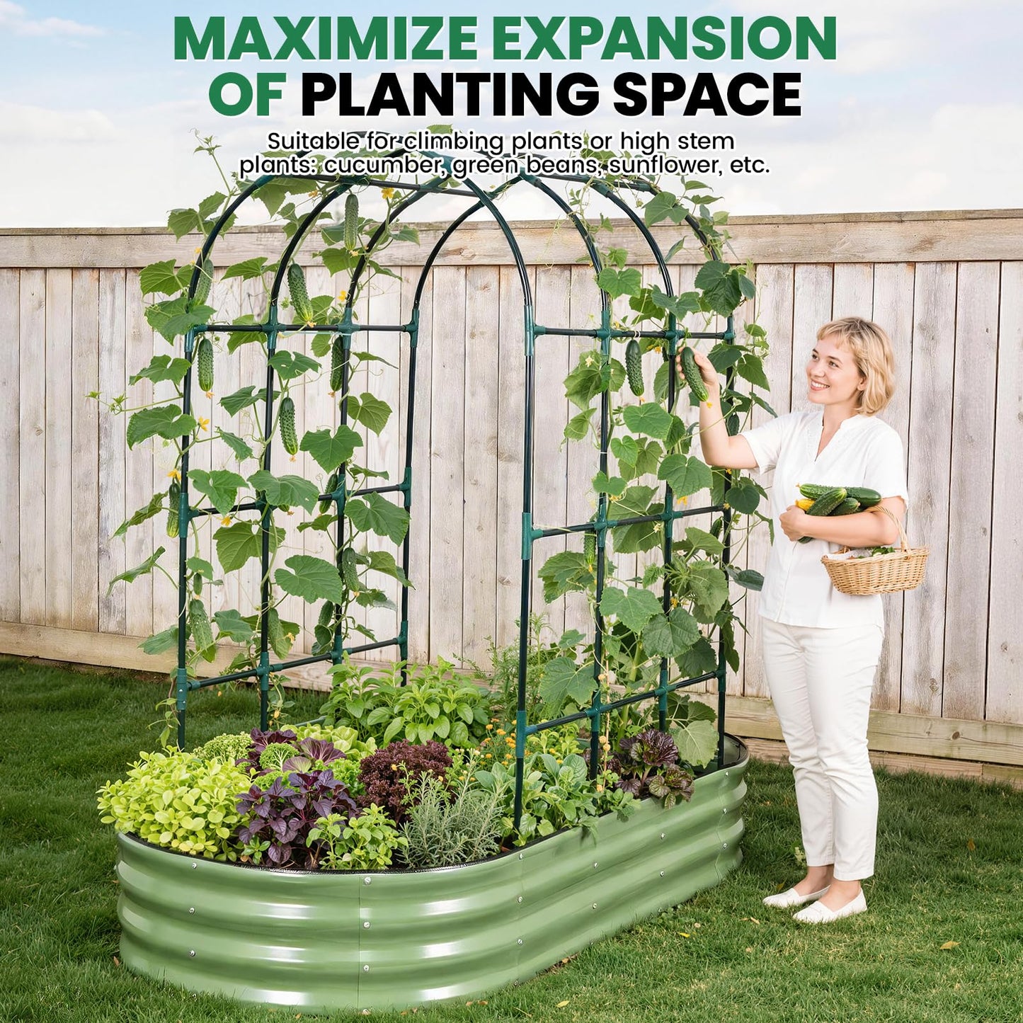 VIREO GARDEN Galvanized Raised Garden Bed with Arched Trellis | 6x3x1FT Metal Raised Garden Beds Outdoor for Gardening Climbing Plant | Planter Box Outdoor with Gloves for Vegetable Flower, OliveGreen