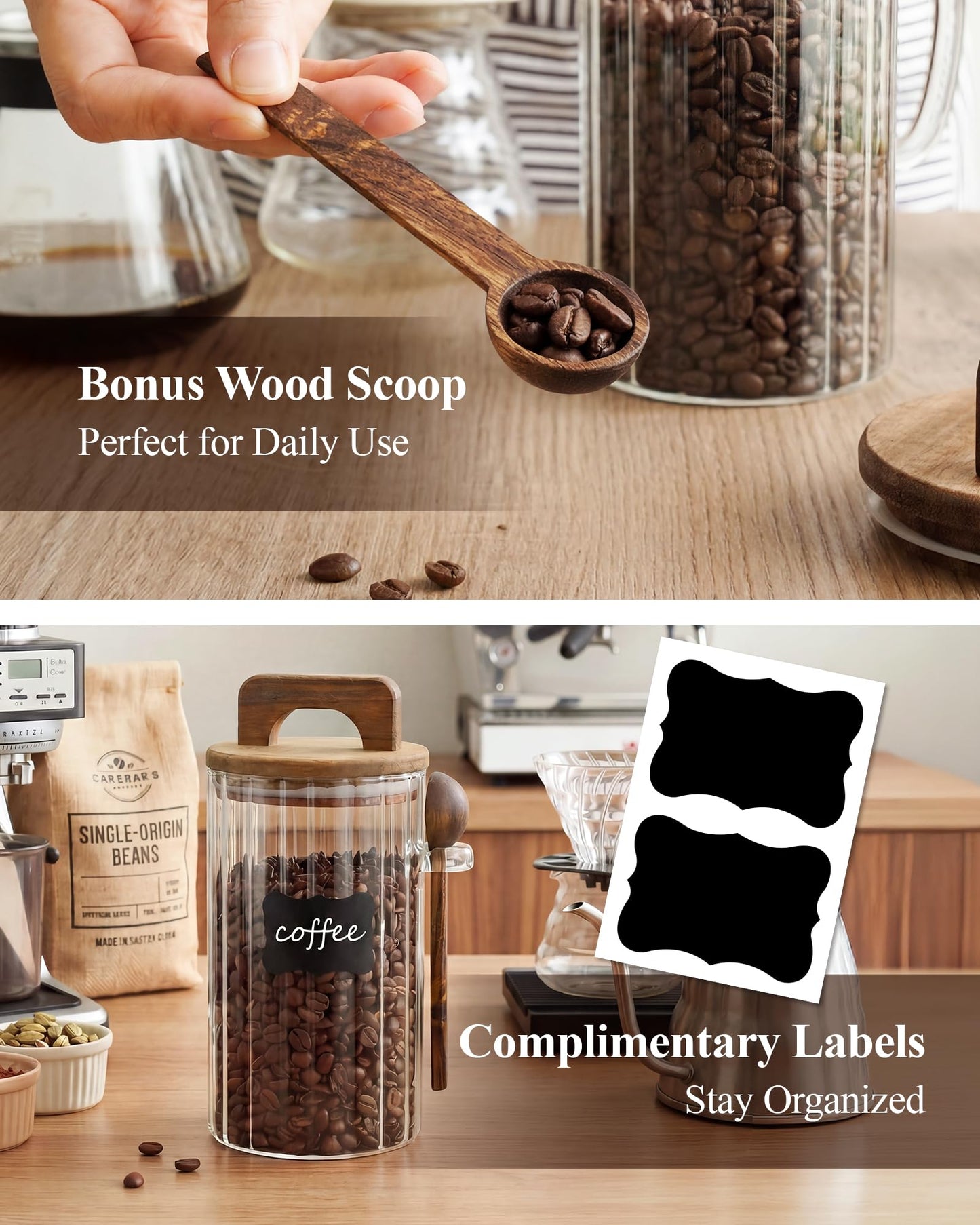 NiHome Ribbed Glass Coffee Container with Wooden Lid & Spoon, 27 oz Airtight Storage Jar for Coffee Beans, Tea, Sugar & Salt, Wide Mouth Food Canister with Ergonomic Handle