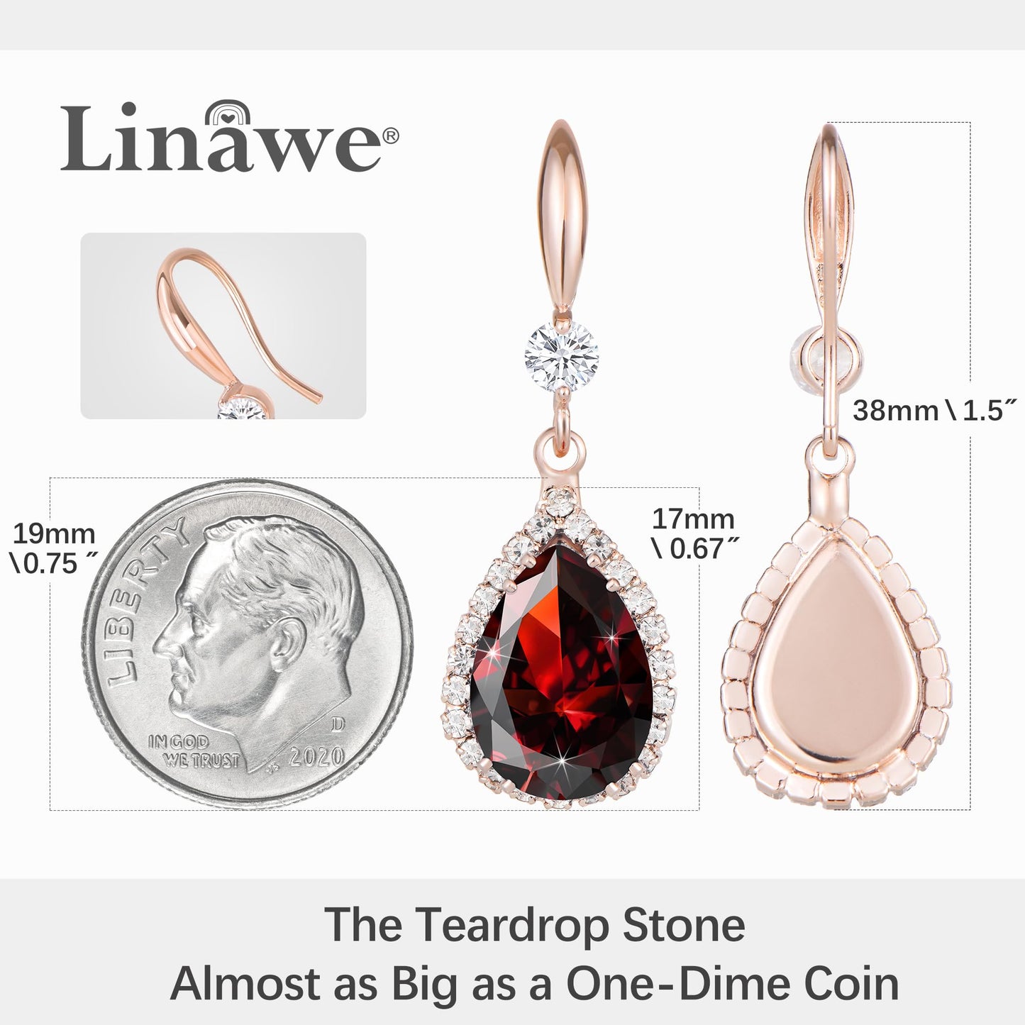Linawe Rose Gold Red Imitation Diamond Dangle Earrings for Women, Ruby Rhinestone Cubic Zirconia Crystal Teardrop Earrings, Wedding Bride Bridesmaids Earrings, Birthstone Jewelry