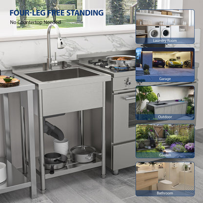 Sarlai Stainless Steel Utility Sink Freestanding Commercial Restaurant Kitchen Sink Outdoor Sinks Single Bowl Laundry Utility Kitchen Sinks With Faucet for Garage Outdoor Indoor Basin