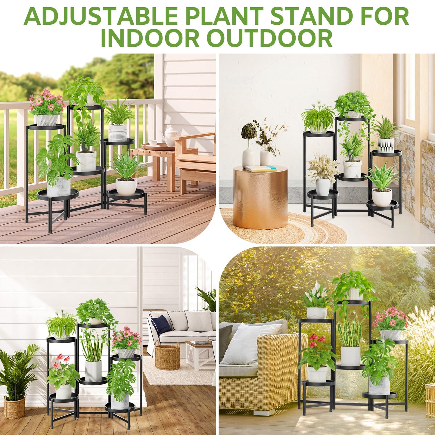 iDavosic.ly 6 Tier Large Plant Stand Indoor with 10 Inch Wide Tray, Tiered Corner Metal Outdoor Flower Display Holder Shelf, Folding Tall Rack for Patio Porch Living Room, Modern Black