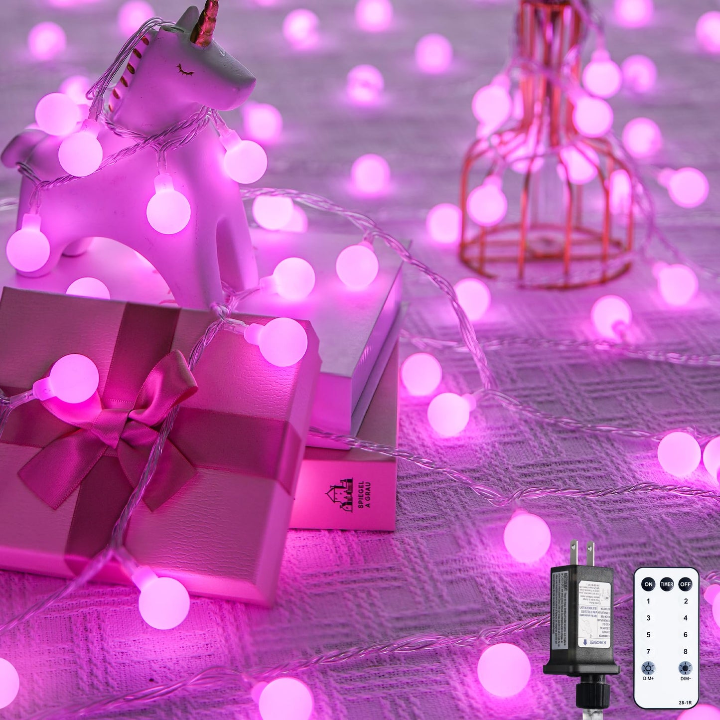 JMEXSUSS 100 LED Pink String Lights Indoor,33 ft Connectable Globe Pink Lights Plug in, 8 Mode Fairy Valentine Light with Remote for Bedroom Girl Room Anniversary Party Valentines Day Decorations