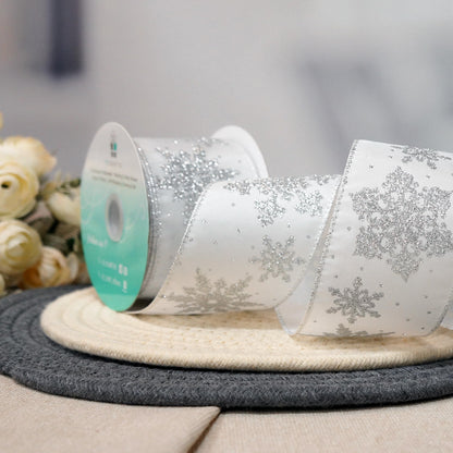 CT CRAFT LLC White Satin with Silver Snowflake Wired Ribbon 2.5 Inch x 10 Yards for Christmas Home Decor Tree Topper Bow Gift Wrapping DIY Crafts Wreath Garland