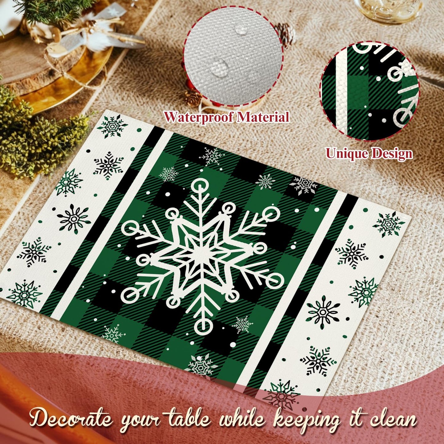 Green Christmas Snowflakes Placemats Set of 4 Winter Gifts for Christmas Women Rustic Holiday Placemats Decor for Xmas Party Outdoor Home Kitchen Dining Recyclable Table Mats 12x18 inch - DH721