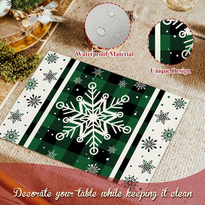 Green Christmas Snowflakes Placemats Set of 4 Winter Gifts for Christmas Women Rustic Holiday Placemats Decor for Xmas Party Outdoor Home Kitchen Dining Recyclable Table Mats 12x18 inch - DH721