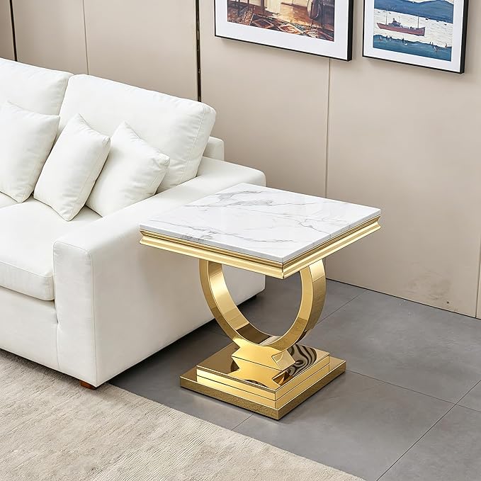 Henf Marble End Table Modern White Faux Marble Sofa Side Table