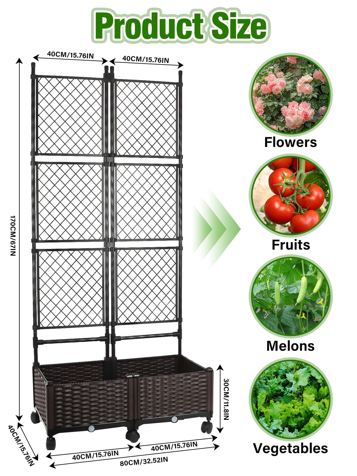 Kalolary 170CM Raised Garden Bed with Metal Trellis, Large Plastic Planter Box with Drainage Hole on Wheels Tomato Planters Climbing Trellis Outdoor Indoor for Climbing Plants Vegetable Flowers Vine