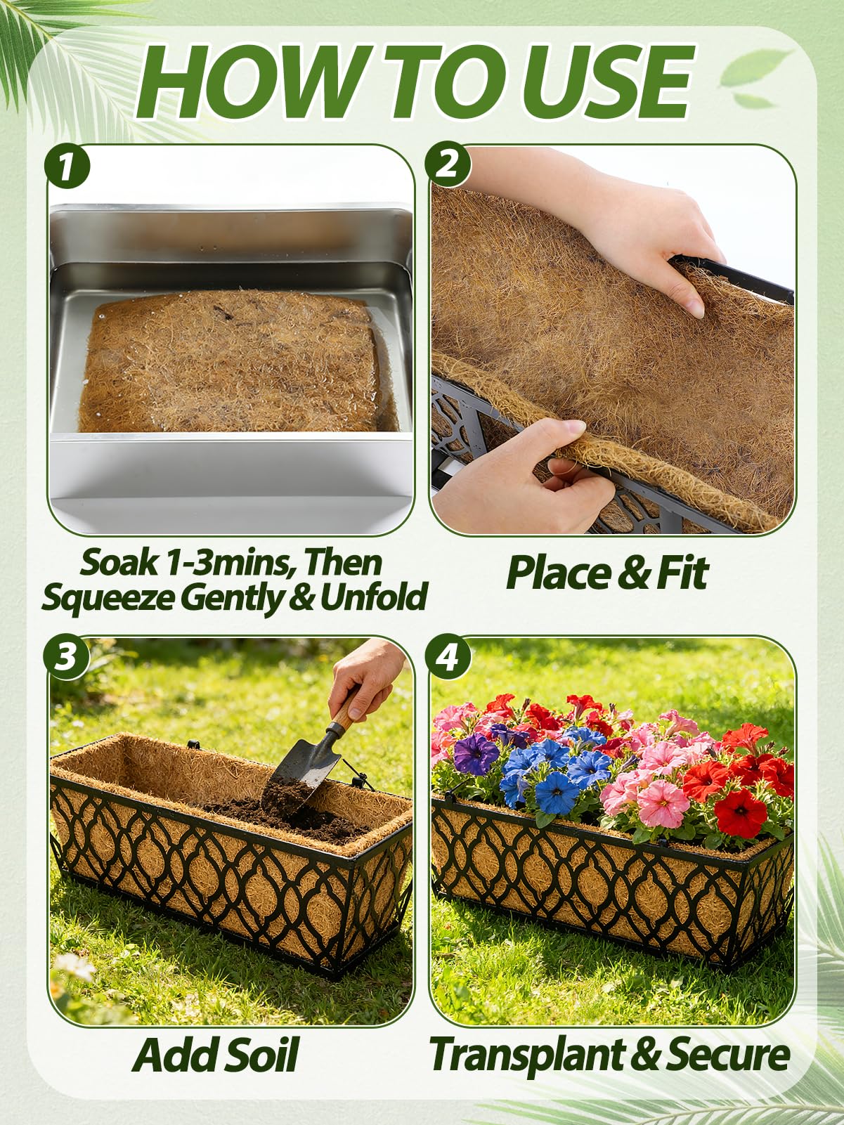 24in Tapered Coco Liners for Window Planter Box - 2 Pack 100% Natural Coconut Coir Fiber Liner Replacement for Deck Flower Box, Garden Railing Fence Wall Planter Basket