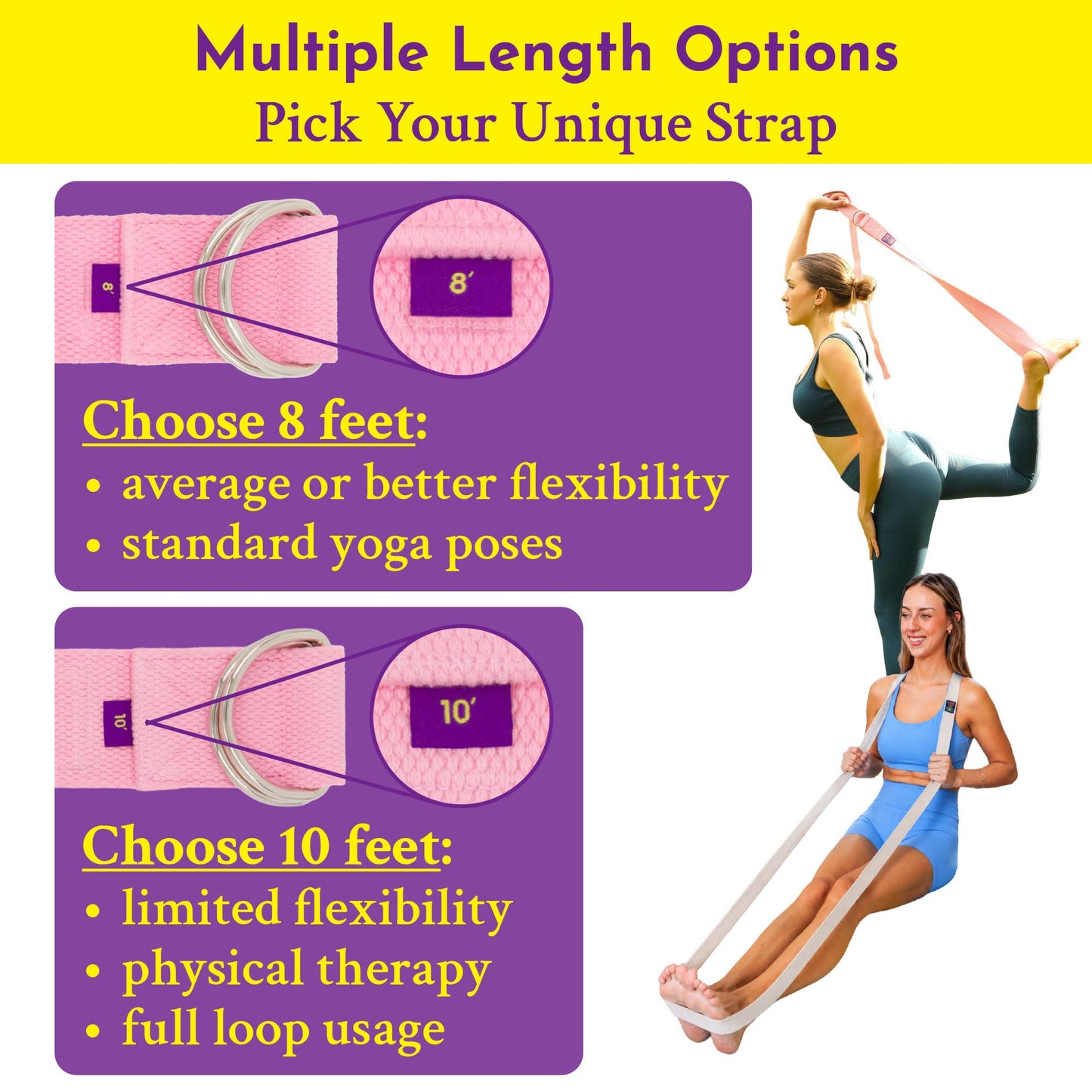 Ima Yoga Fitness - Adaptive Yoga Strap, Yoga Stretching Strap, Extra-Wide 2 Inches, 100% Naturally Soft Cotton, Steel D-Rings, Includes 100% Natural Cotton Storage Pouch (Pink, 8 feet)