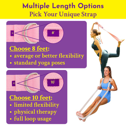 Ima Yoga Fitness - Adaptive Yoga Strap, Yoga Stretching Strap, Extra-Wide 2 Inches, 100% Naturally Soft Cotton, Steel D-Rings, Includes 100% Natural Cotton Storage Pouch (Pink, 8 feet)