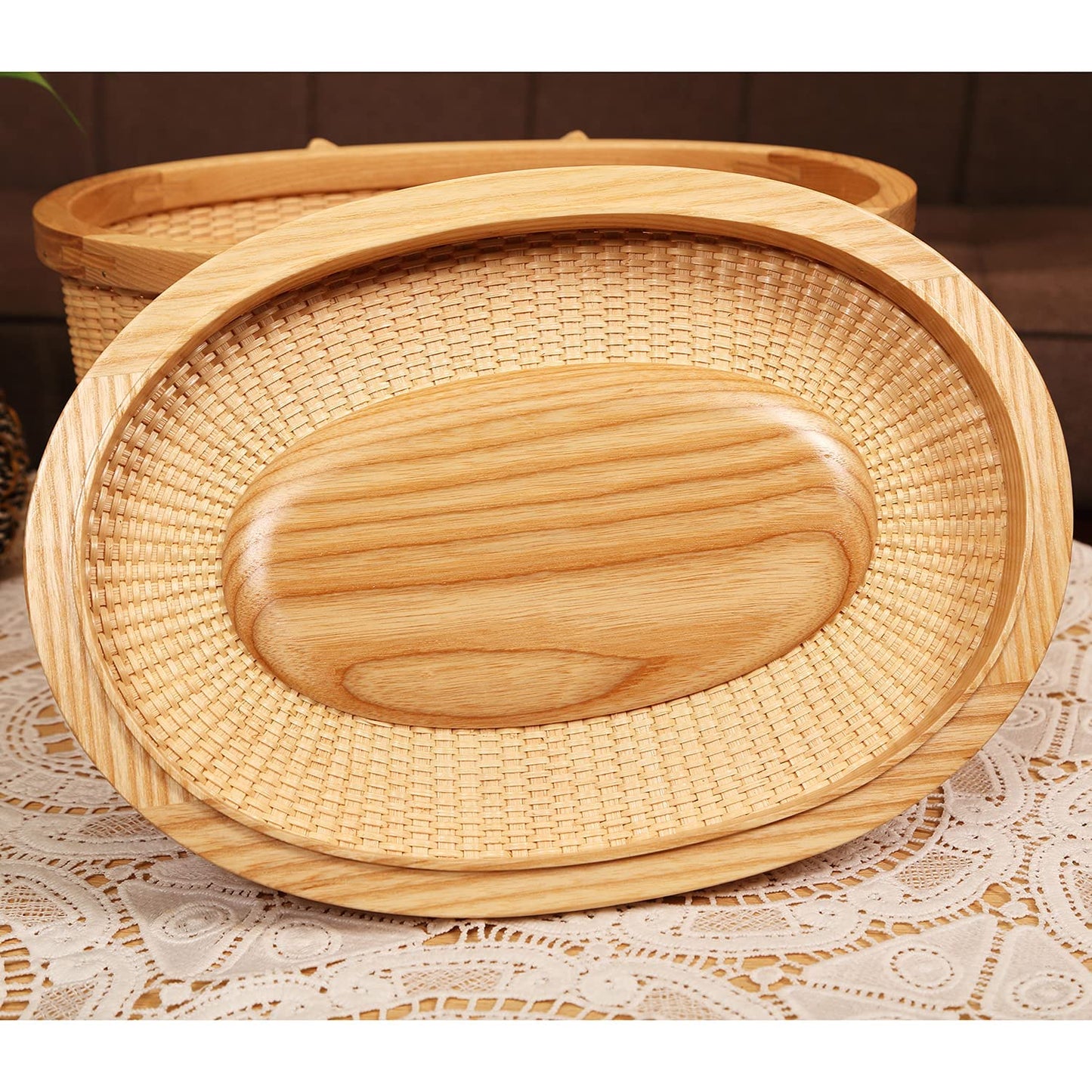 Teng Jin Nantucket Sewing Basket, Cane-on-cane Weave, Hard Ash, Oval, With Lid and Wood Handles