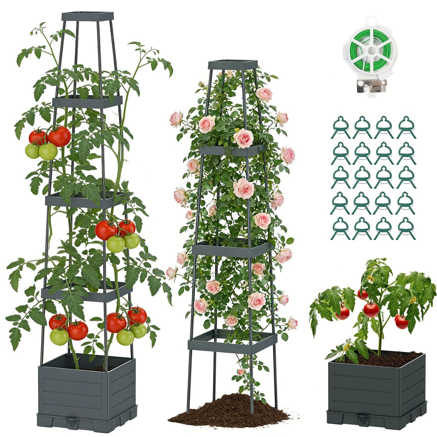 Suteck 1-Pack Raised Garden Bed Planter Box with Trellis, Self-Watering Tomato Planter with Adjustable Height Steel Support Frame for Climbing Plants, Tomato Cages for Patio, Balcony & Outdoor