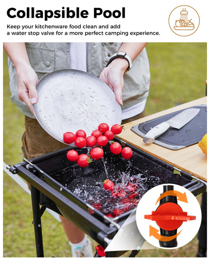 KingCamp Bamboo Camp Kitchen Table, Slide-Out Overland Table with 400L Storage, Portable Outdoor Prep Station with Sink, Windscreen & Lantern Pole for RV, Tailgating, BBQ