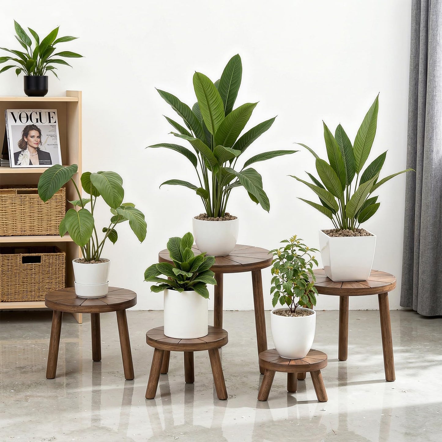 Delma Wood Plant Stands Indoor, 5-Pack Single Plant Stand for 6-12 Inch Pots, Mid-Century Modern Plant Stool, Tall Plant Stand for Large Plants for Living Room, Balcony, Office (Dark Brown, 5-Pack)