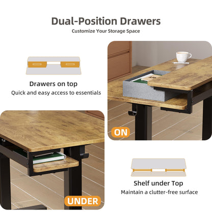 Seang Electric Standing Desk with 2 Drawers, Adjustable Standing Desk with Storage Shelf, Height Adjustable Stand up Desk for Home Office with 3 Presets & 2 Hooks, 55 Inch, Rustic Brown