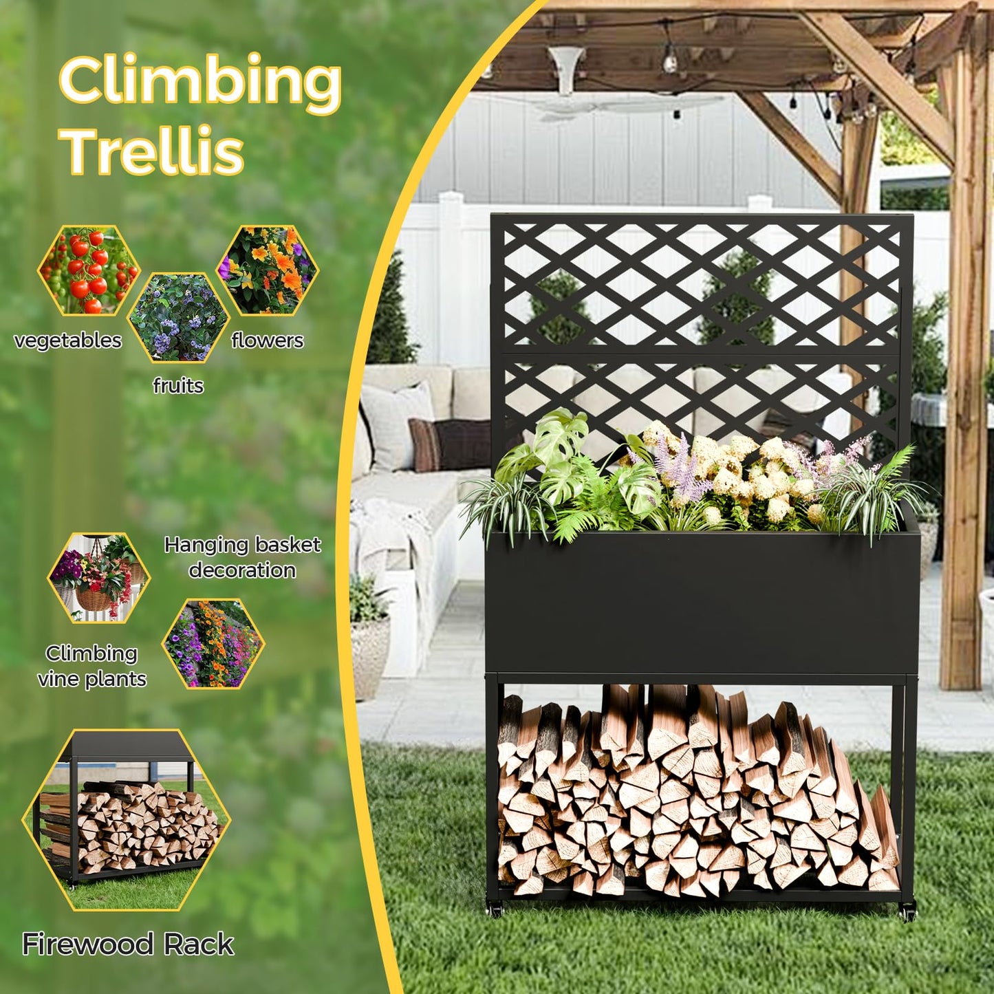 Metal Planter Box with Trellis, 3 in 1 Raised Garden Bed with Trelli & Firewood Rack, Privacy Planter Screen for Climbing Plants, Vine, Outdoor Garden Standing Beds with Drainage Holes, Wheels,Black