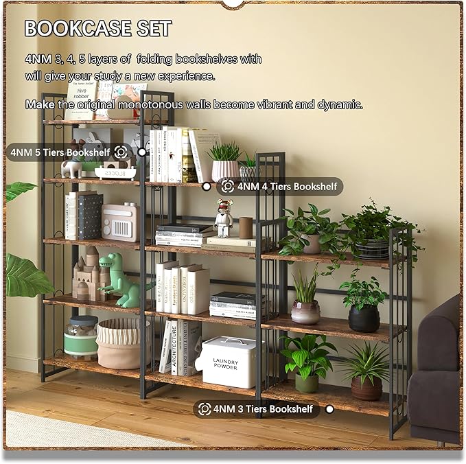 4NM No Assembly 4 Tiers Folding Bookshelf, 47.2" H Foldable Storage Shelves