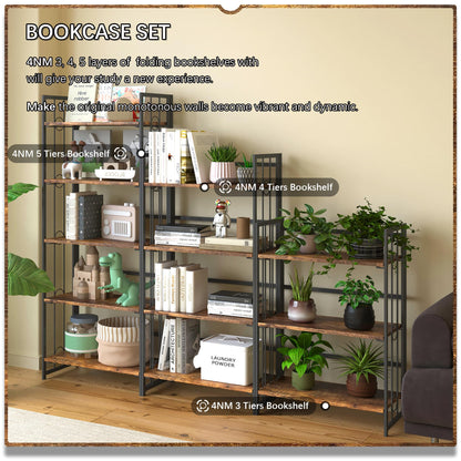 4NM No Assembly 4 Tiers Folding Bookshelf, 47.2" H Foldable Storage Shelves Vintage Bookcase Standing Racks Study Organizer Home Office - Rustic Brown Black