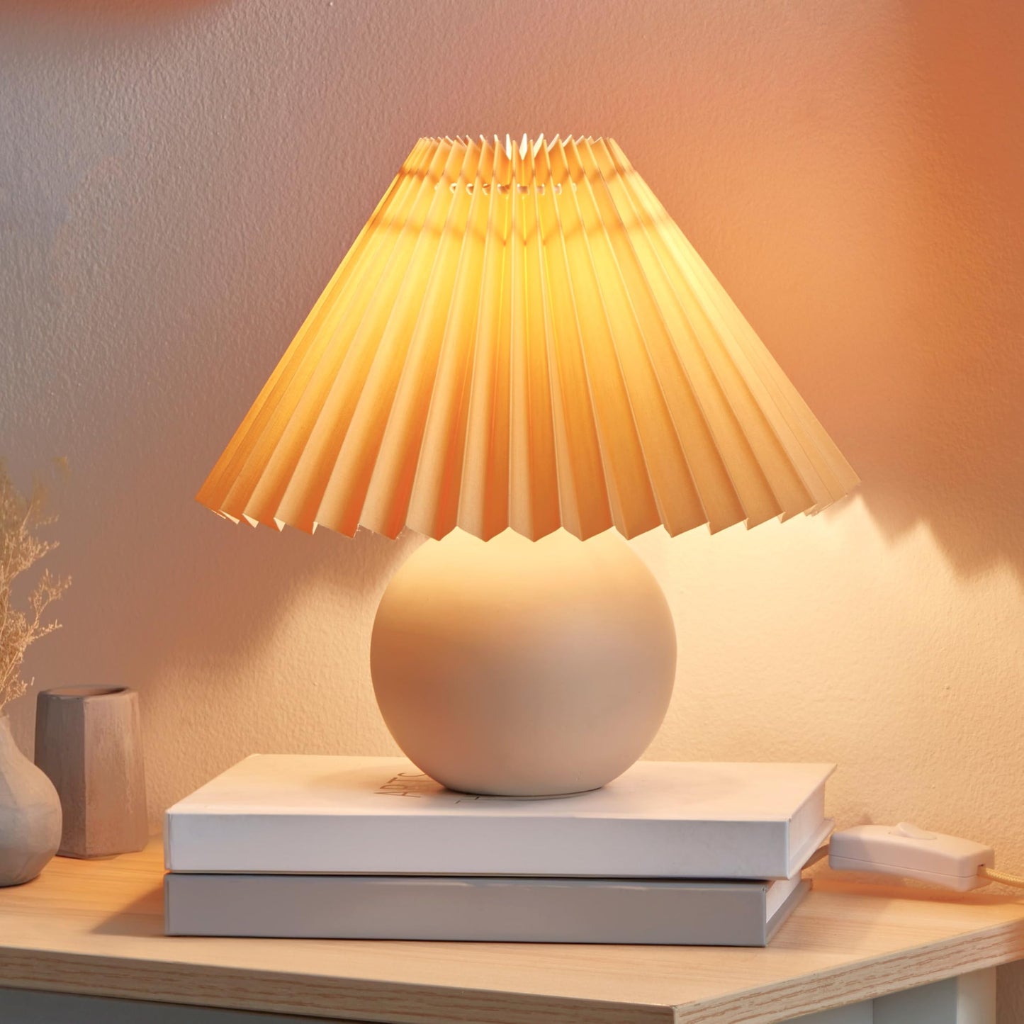 Brightech Serena LED Table Lamp - Small 10" Modern Ceramic Lamp with Pleated Shade for Bedside, Nightstand, Desk - Mini Night Light with Cozy Soft White Light for Living Room, Bedroom - Peach